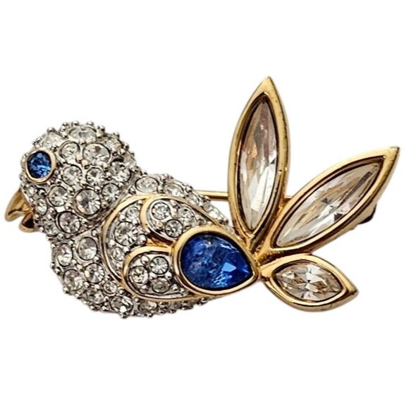 Swarovski Bird Pin Clear, Blue Crystal Brooch, Swan Logo Marked L600 - Picture 1 of 9